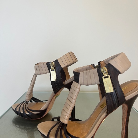 L.A.M.B. Leather Stiletto Heels T-Strap Ankle Zip Brown & Taupe size 7.5 - Picture 10 of 12